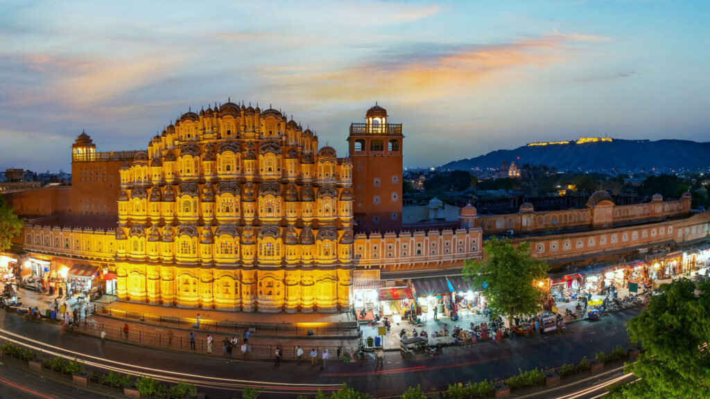 Hawa Mahal, Jaipur: the ‘Palace of Winds’ in red and pink sandstone, glowing in the evening.”